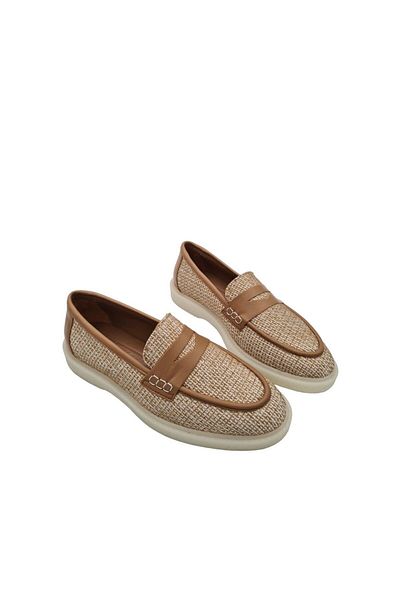 aayak&kabımofficial Brown Linen Detailed Genuine Leather Women's Casual Shoes