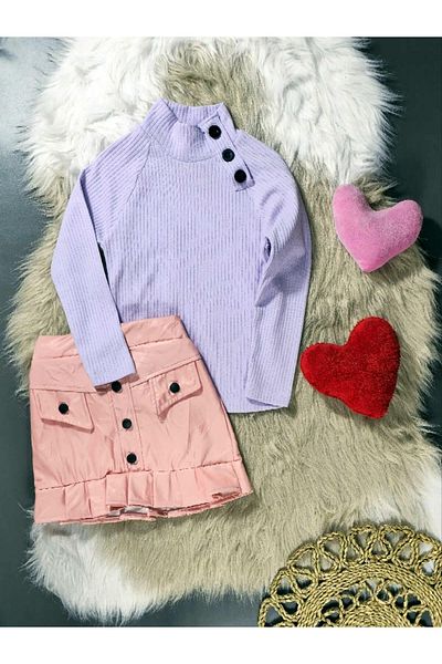 krm kerem bebe Girl's Leather Skirt and Body Sweater Set