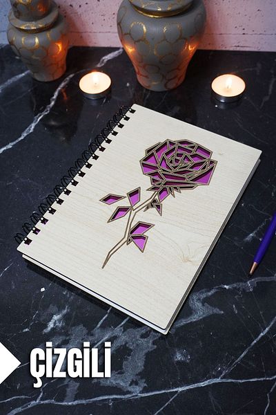 markcat Rose Themed Lined Notebook with Wooden Cover - Agenda and School Notebook (A5 - 120 Pages)