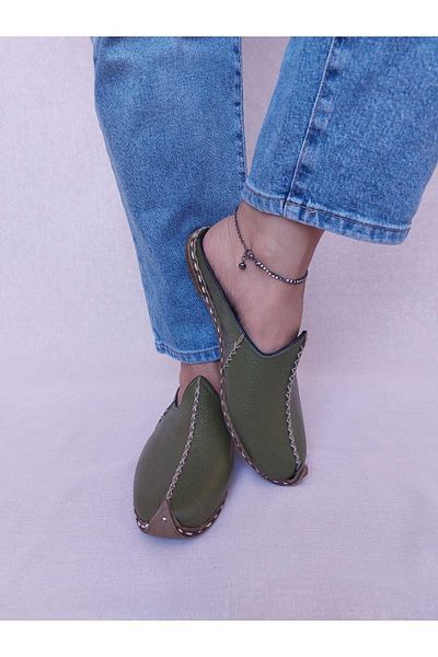 YEMENİCİ NİYAZİ USTA Genuine Leather Unisex Oil Green Yemeni Slippers YT6