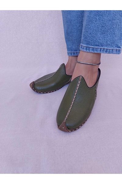 YEMENİCİ NİYAZİ USTA Genuine Leather Unisex Oil Green Yemeni Slippers YT6