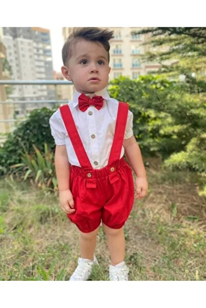 ykr design طقم شورت أحمر صيفي للأطفال الذكور مع قميص وربطة عنق