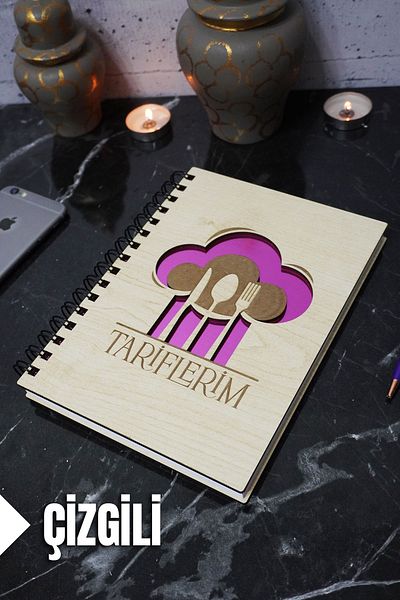 markcat 120 Page A5 Notebook - Kitchen Themed, Wooden Cover, Lined Recipe Book, Agenda and School Notebook