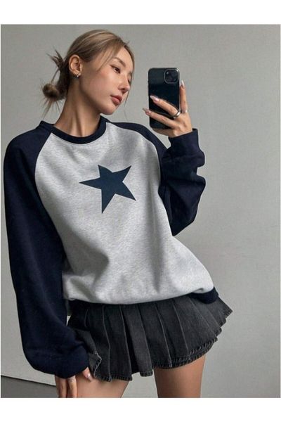 MOONBULL Hanorac de damă bleumarin cu imprimeu cu stele - mâneci raglan, supradimensionat gri