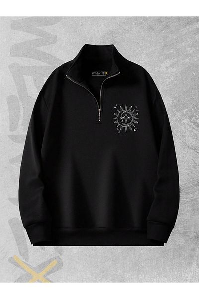 WEARTEX Moon and Sun Printed 3 Thread Half Zipper Sweatshirt