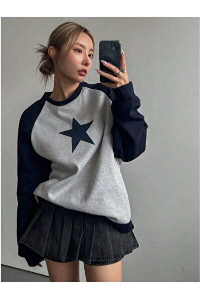 MOONBULL Kadın Oversize Yıldız Baskılı Lacivert Reglan Kollu Gri Sweatshirt