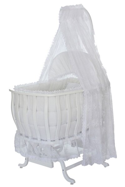 Setay Doğal Ağaç Beşik, Lüx Sallanan Beşik + Uyku Seti + Cibinlik - Beyaz