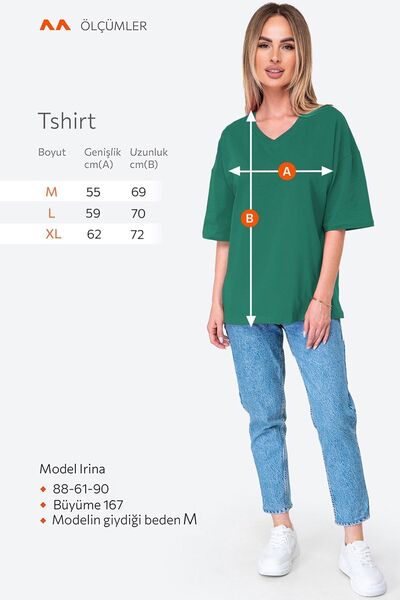 Happy Fox Γυναικείο μπλουζάκι με λαιμόκοψη V-λαιμόκοψη Oversize Cotton Lycra - Basic Emerald