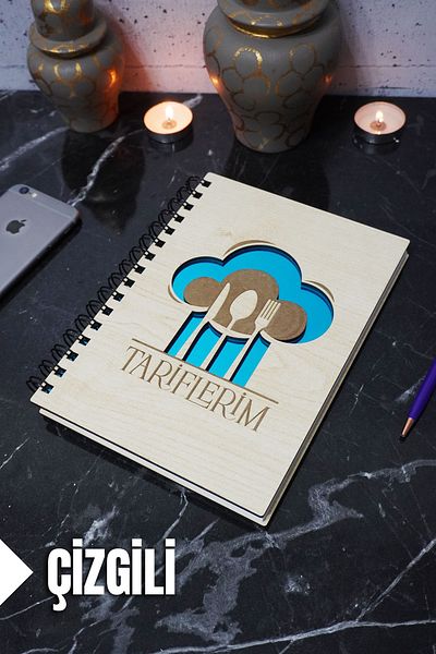 markcat 120 Page A5 Notebook - Kitchen Themed, Wooden Cover, Lined Recipe Book, Agenda and School Notebook