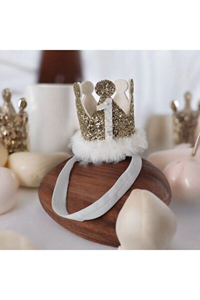 damlakidsmoda 1 yaş doğum günü tacı Gold ekru 1 rakami