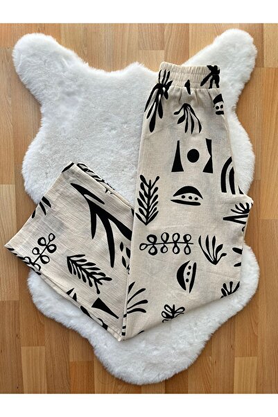 Butik KETEN DESENLİ BELİ LASTİKLİ PANTOLON
