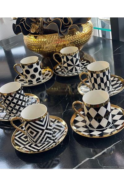 Kosova 6-Person Geometric Pattern Turkish Coffee Cup Full