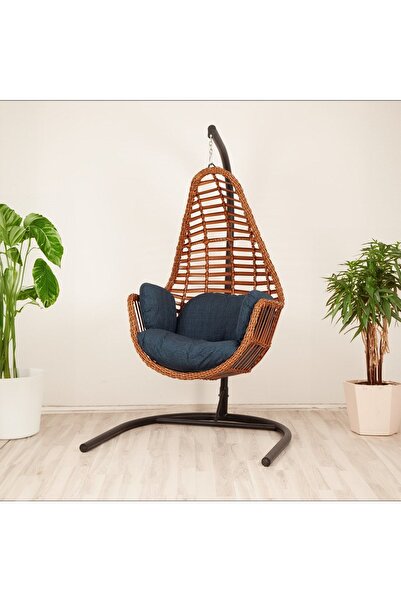 KalyonHome Gardeniza Sardinya Rattan Tek Kişilik Bahçe Salıncağı Balkon Teras Mavi