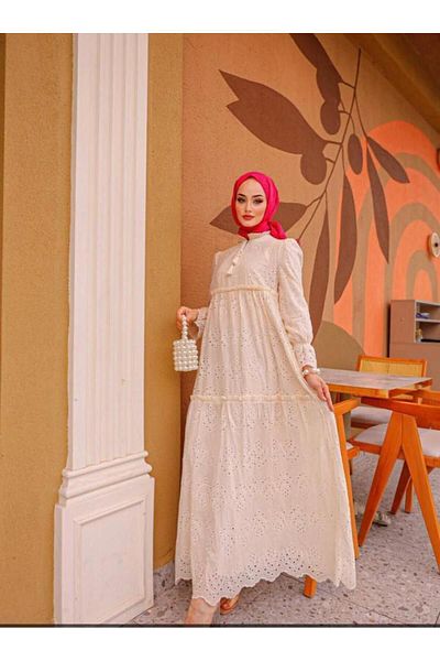 Afra Lace fabric Cream-coloured long ruffle dress