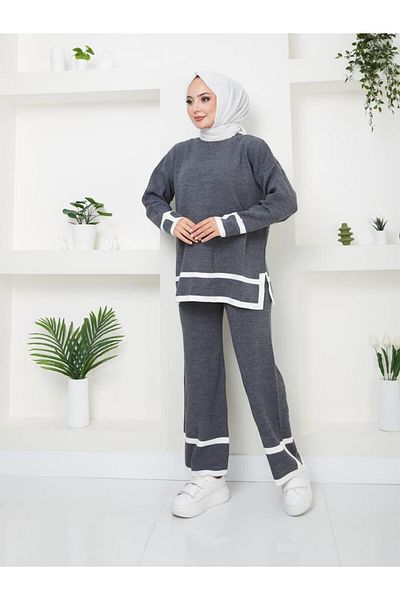 moda periy Σετ Χιτζάμπ Πλεκτό Διπλό Γυναικείο με Σχισμή και Λεπτομέρεια Ρίγας