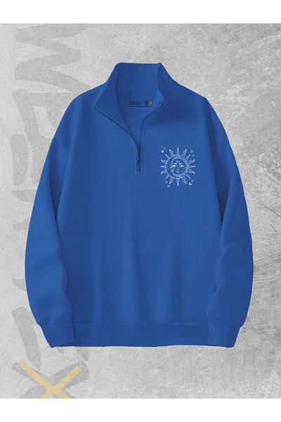 WEARTEX Moon and Sun Printed 3 Thread Half Zipper Sweatshirt