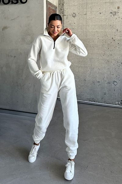 MODAGEN Cremefarbenes Unisex-Fleece-Trainingsanzug-Set – Stehkragen und halber Reißverschluss