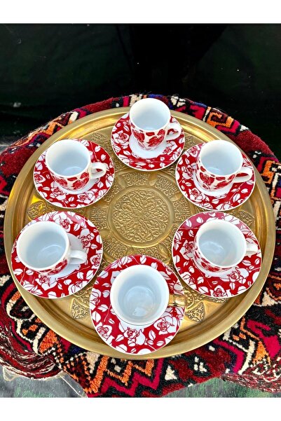 LüksAksesuar Işlemeli Sarı Bakır Tepsi %100 Sarı Pirinç Çay Tepsisi Kahve Tep...