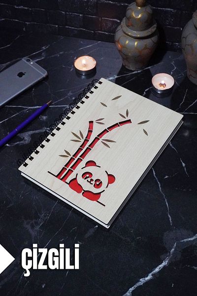 markcat Agendă cu copertă din lemn cu dungi și caiet de școală cu tematică panda - A5 (120 coli)