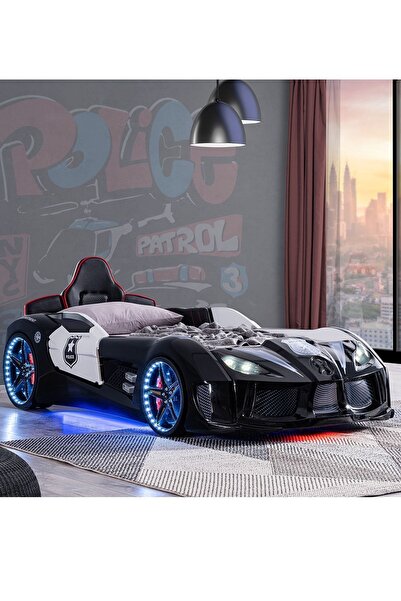 Setay Arabalı Yatak, Police Koltuklu Full Ledli Arabalı Yatak - Siyah