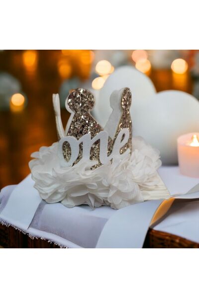 damlakids 1 Yaş Doğumgünü Tacı Prenses Gold Beyaz Tül Detayı