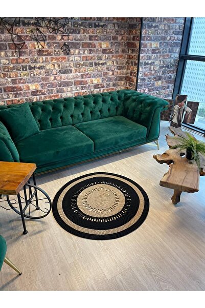 TurQhouse Dekoratif Jüt Hasır El Örgüsü Halı Kilim Yuvarlak-kahve-siyah