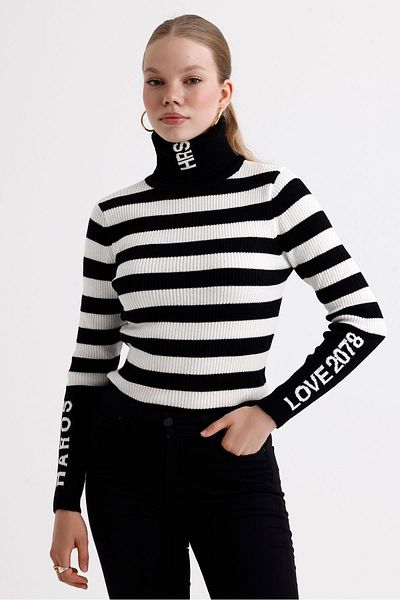 MD trend Pulover din tricot cu nervuri cu gât - dungi și blocuri de culoare