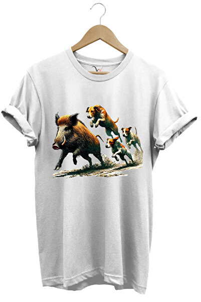 WİDİ Lovac na svinje i lovački psi Štampano Regular Fit 100% pamuk Bela T-shirt