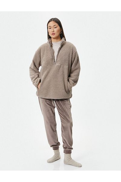 Koton Πιτζάμα Polar Top, Μισό Φερμουάρ, Ψηλός Γιακάς, Τσέπη