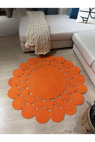 MaVaux Turuncu Hasır Jüt Çiçek Desenli Kilim Halı