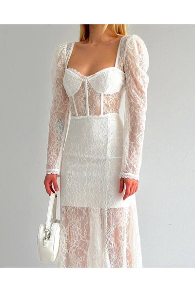Lusin White Corset Detailed Romantic Slit Women's Ceremonial Dress - for Special Occasion
