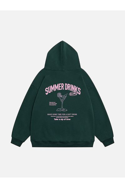 Mad&Calf Hanorac supradimensionat pentru femei cu fustă și fleece cu glugă - Drinks Printed