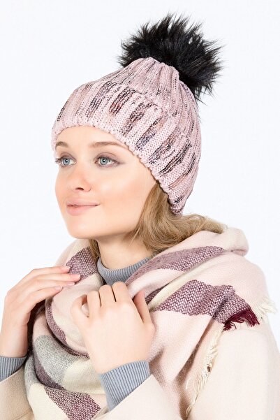 POSUSS Parlak Baskılı Ponponlu Kadın Bere Pembe - Ps1159