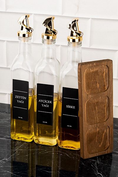 DNS HOME Gold Locked 3-Piece Glass Oil Pot Set - Sunflower Olive Oil Vinegar Bottle with Wooden Stand 500 ml
