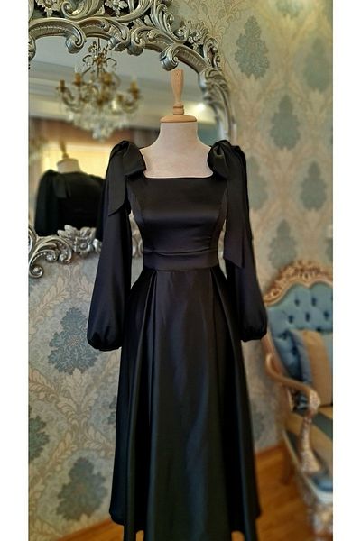 makbuleofficial Black Satin Square Collar Midi Length Promise Engagement Graduation Dress