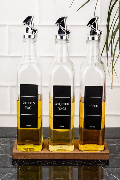 DNS HOME 500 ml Gray Locked Sunflower Olive Oil Vinegar Bottle with Wooden Stand Set of 3