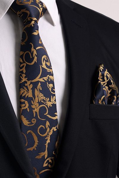 Esgue Hand Made 7.5 cm Yellow - Navy Blue Patterned Tie Handkerchief
