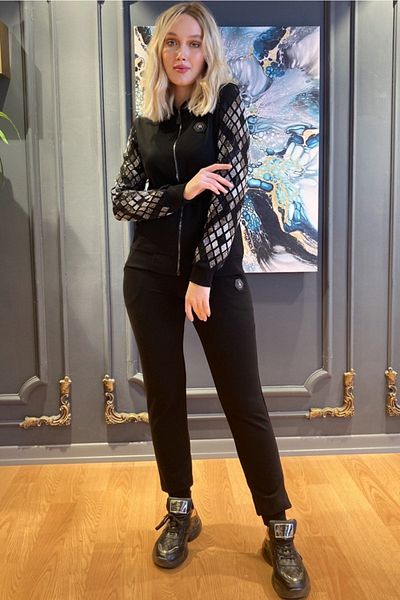 RICH GLAM Λεπτό άνετο βαμβακερό φερμουάρ με κρυστάλλινες πέτρες στους μανίκια Μαύρο κομψό γυναικείο σετ αθλητικής φόρμας