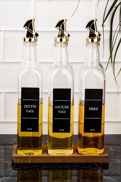 DNS HOME Gold Locked 3-Piece Glass Oil Pot Set - Sunflower Olive Oil Vinegar Bottle with Wooden Stand 500 ml
