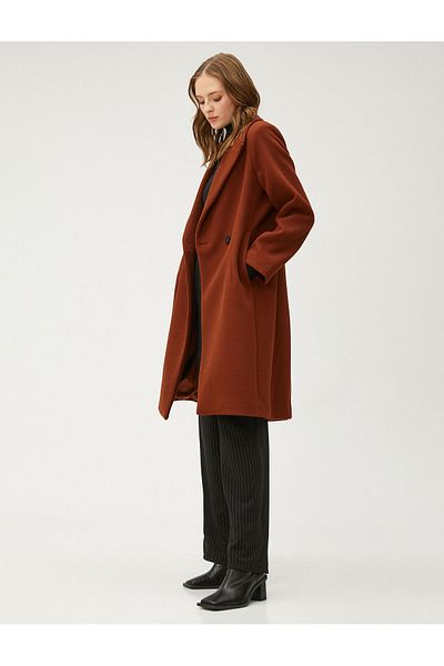 Koton Long Cashmere Coat Double Breasted Double Buttoned with Pockets
