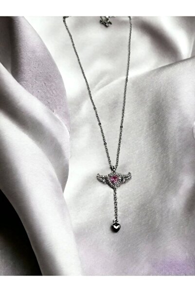 Silver Color Steel Necklace with Heart and Wing Detail
