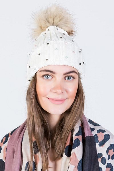 POSUSS Acrylic Women's Beanie Bone with Pearls and Pompoms - Ps664