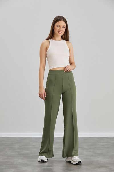 sea milano Khaki Green High Waist Recovery Modal Fabric - Loose Fit Flared Leg Trousers Leggings