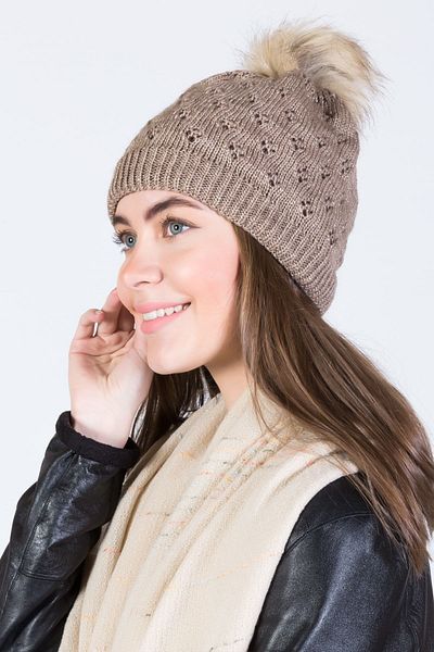 POSUSS Glittery Pompom Acrylic Women's Beanie Mink - Ps603