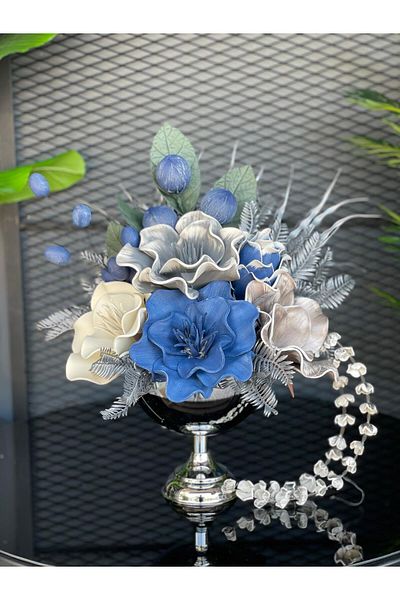 TASARIMHMODA Vază rotundă argintie - Motiv cu flori artificiale, nr:4