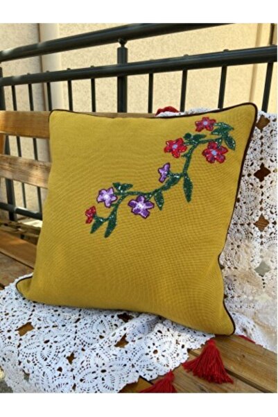 Günay Home Collection El Işleme Kanaviçe Aplikeli Biyeli Keten Kırlent Kılıfı