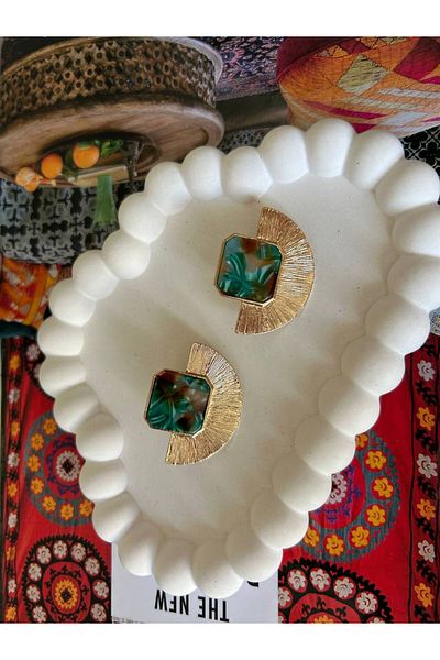 Lune Dor Accessories Bone Detail Velvet Vintage Green Gold Earring