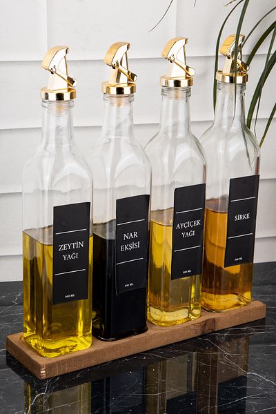 DNS HOME 500 ml Glass Oil Pot Set - Wooden Stand, Gold Lock, Sunflower Olive Oil, Vinegar Pomegranate Sour