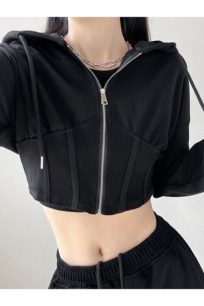 Karakedi Basic Crop Hooded Sweatshirt - Stripe Stitching Detail