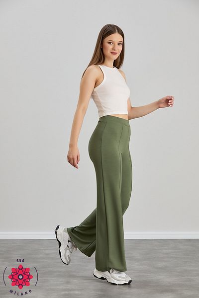 sea milano Khaki Green High Waist Recovery Modal Fabric - Loose Fit Flared Leg Trousers Leggings